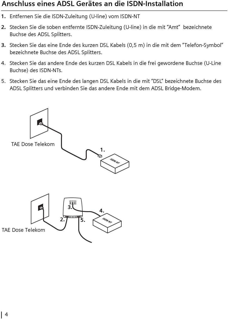 . Stecken Sie das eine Ende des kurzen DSL Kabels (0,5 m) in die mit dem Telefon-Symbol bezeichnete Buchse des ADSL Splitters. 4.