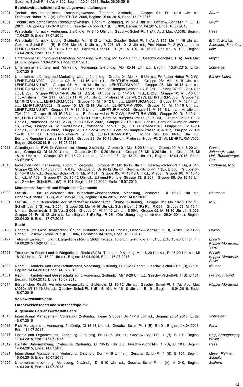 2 (V), LEHRTURM-V005, Beginn: 26.06.2015, Ende: 17.07.2015 04001 Technik des betrieblichen Rechnungswesens, Tutorium, 2-stündig, Mi 8-10 Uhr c.t., Geschw.-Scholl-Pl.