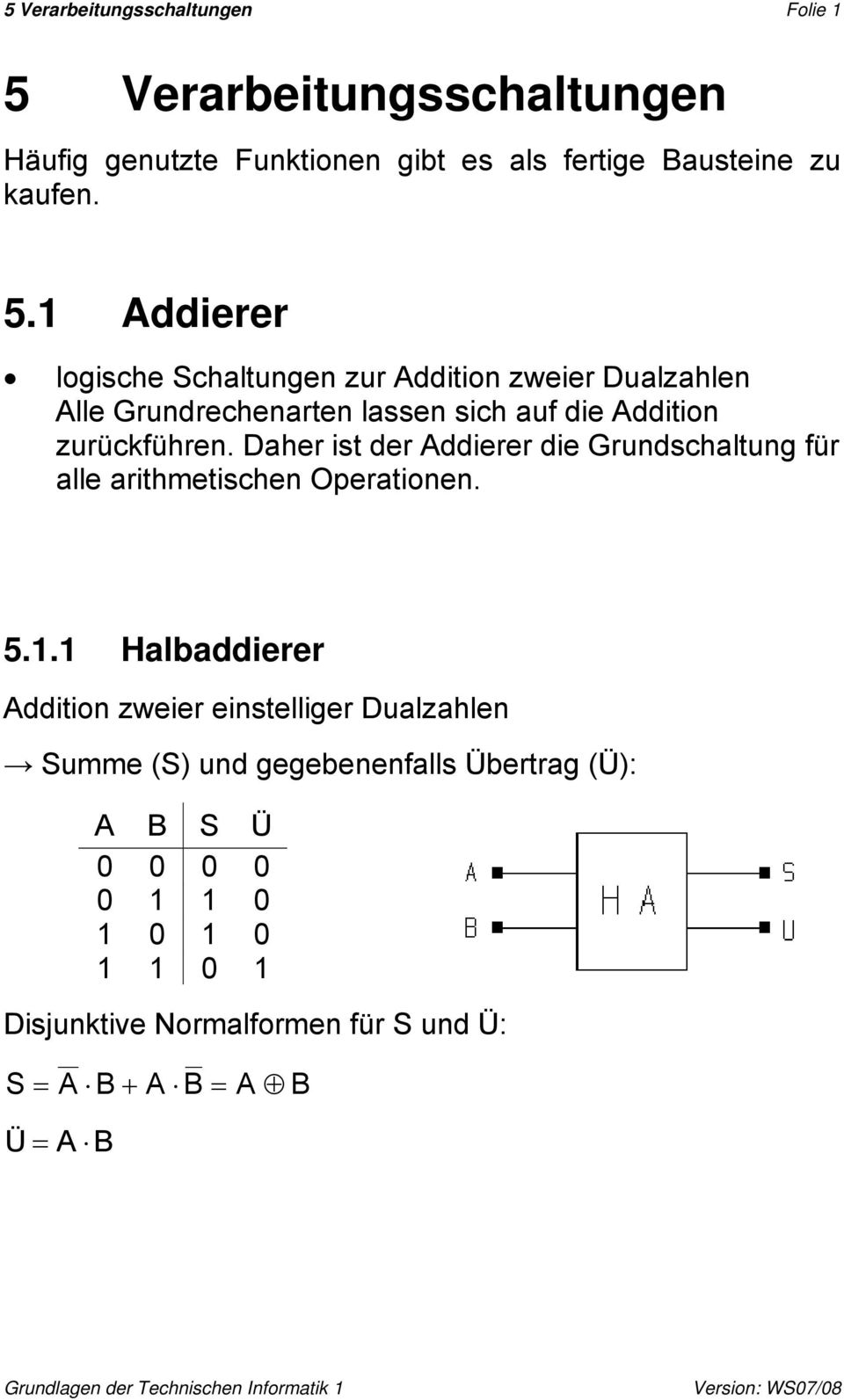 1 Addierer logische Schaltungen zur Addition zweier Dualzahlen Alle Grundrechenarten lassen sich auf die Addition zurückführen.