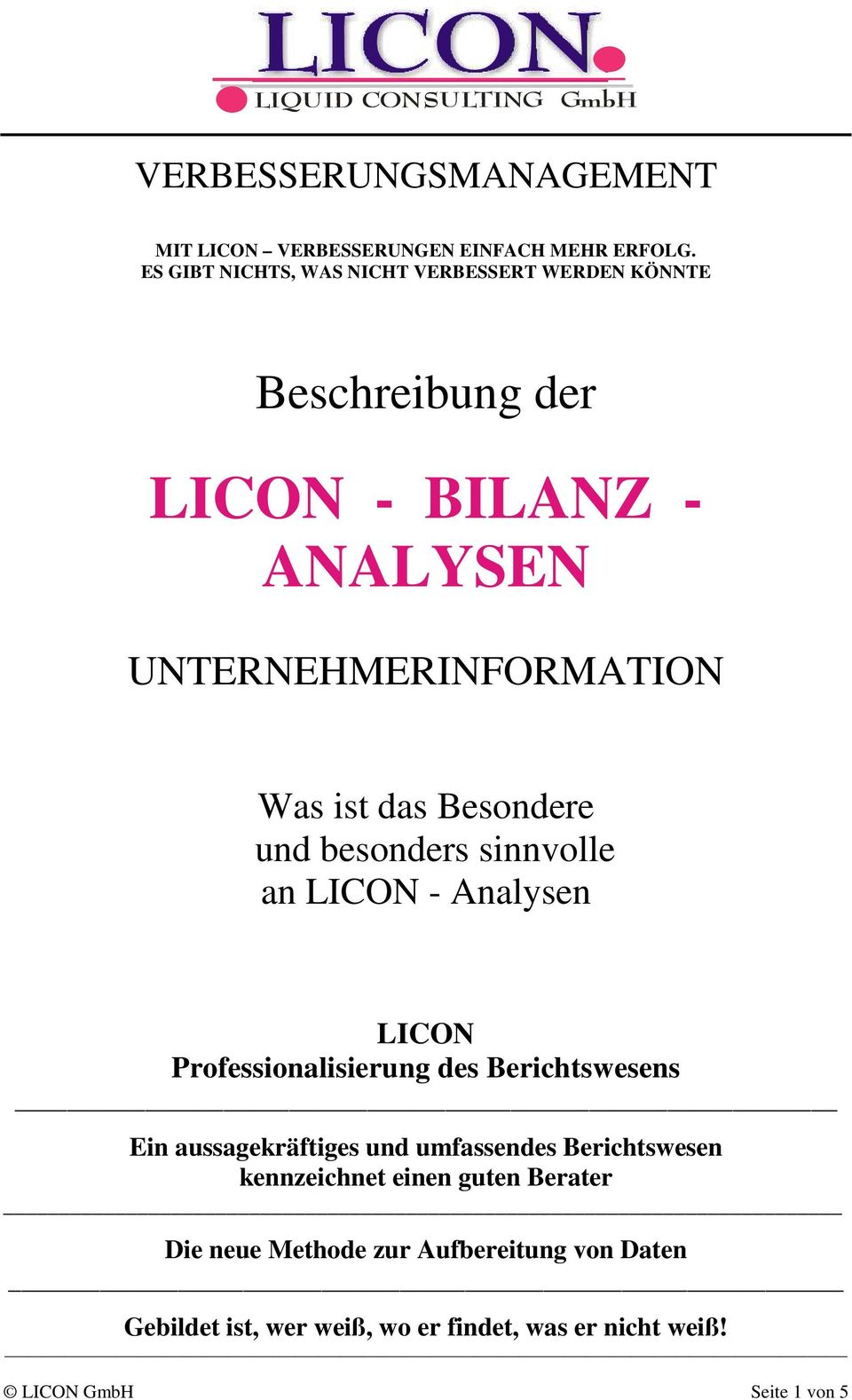 Besondere und besonders sinnvolle an LICON - Analysen LICON Professionalisierung des Berichtswesens Ein aussagekräftiges und
