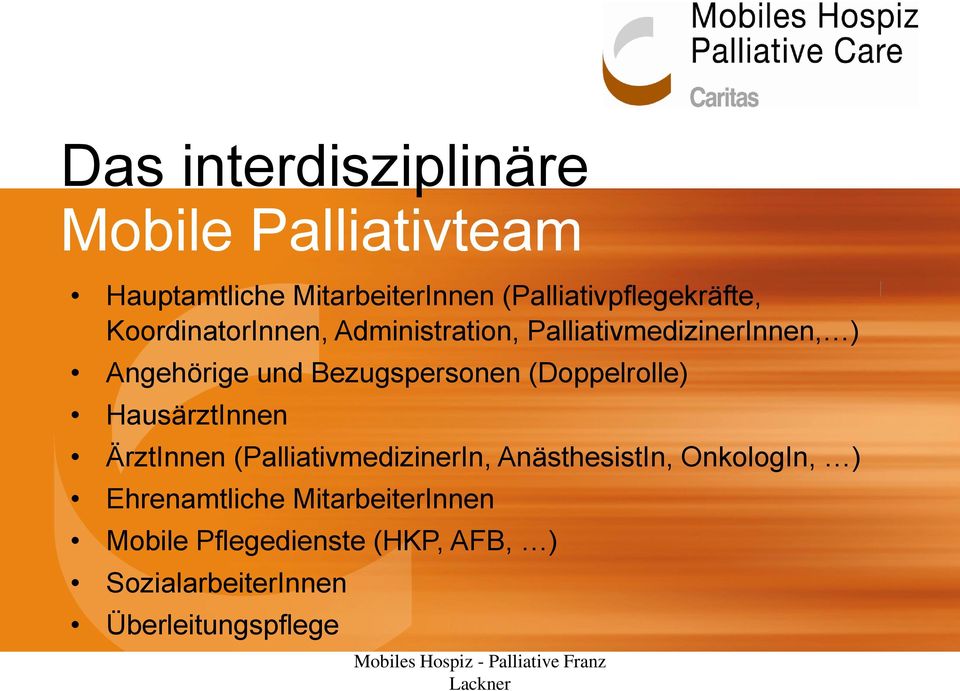 (Doppelrolle) HausärztInnen ÄrztInnen (PalliativmedizinerIn, AnästhesistIn, OnkologIn, ) Ehrenamtliche