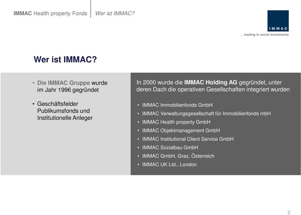 Die IMMAC Gruppe wurde im Jahr 1996 gegründet Geschäftsfelder Publikumsfonds und Institutionelle Anleger In 2000 wurde die IMMAC