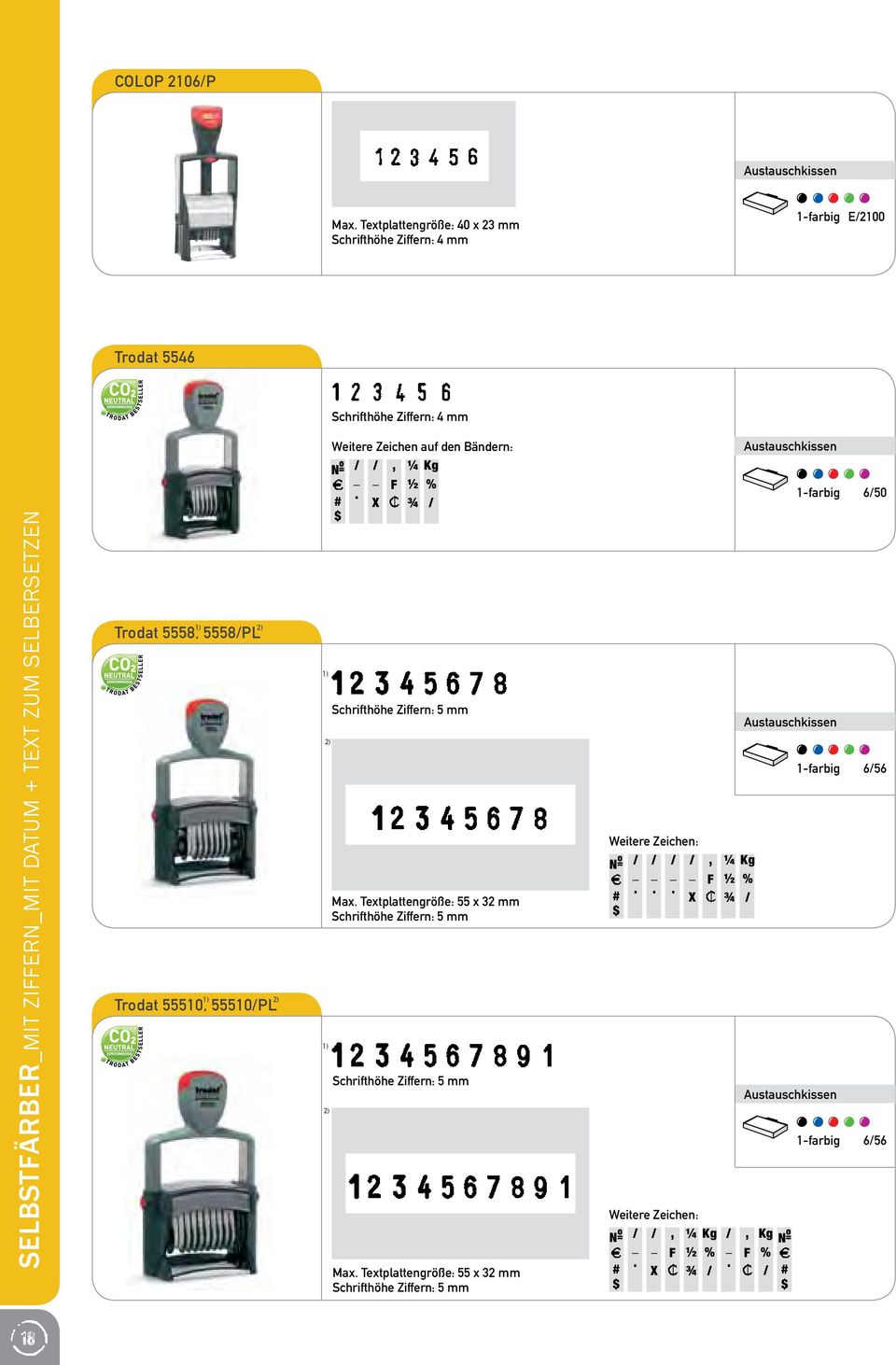 SELBERSETZEN Trodat 5558, 5558/PL Trodat 55510, 55510/PL Weitere Zeichen auf den Bändern: N / /, ¼ Kg F ½ %.
