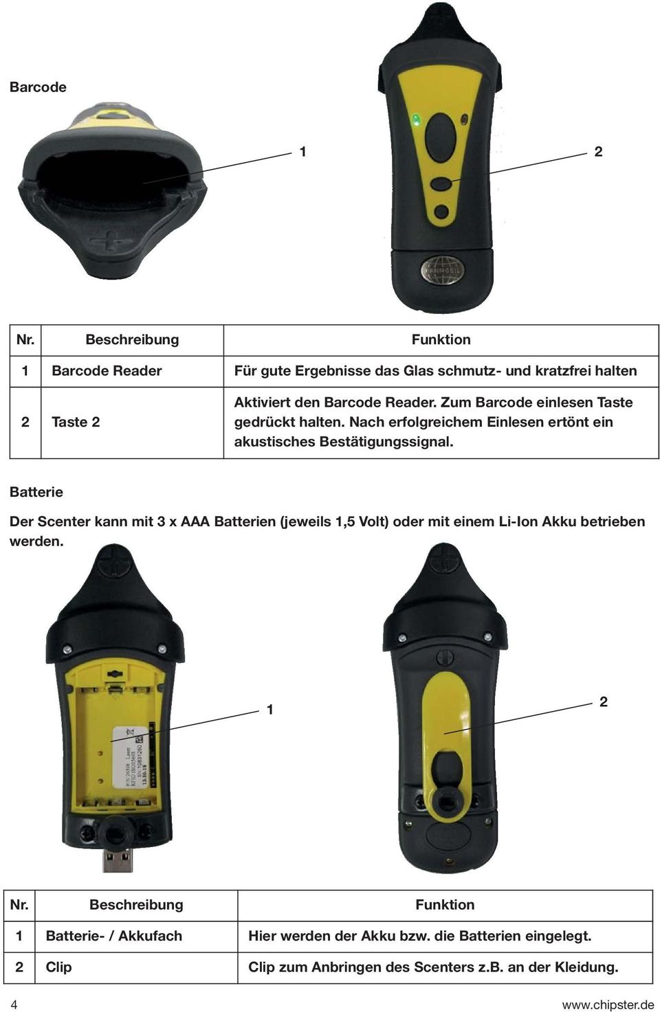 Batterie Der Scenter kann mit 3 x AAA Batterien (jeweils,5 Volt) oder mit einem Li-Ion Akku betrieben werden.