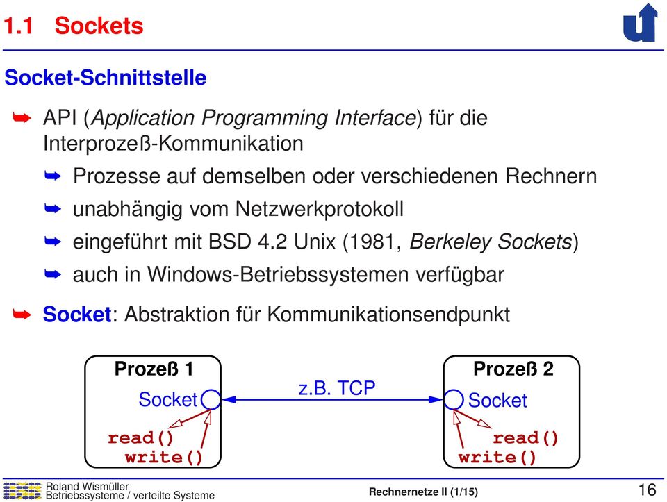 2 Unix (1981, Berkeley Sockets) auch in Windows-Betriebssystemen verfügbar Socket: Abstraktion für