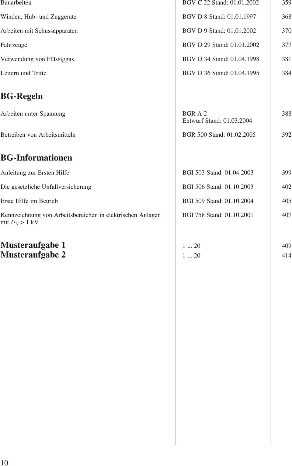 2005 392 BG-Informationen Anleitung zur Ersten Hilfe BGI 503 Stand: 01.04.2003 399 Die gesetzliche Unfallversicherung BGI 506 Stand: 01.10.