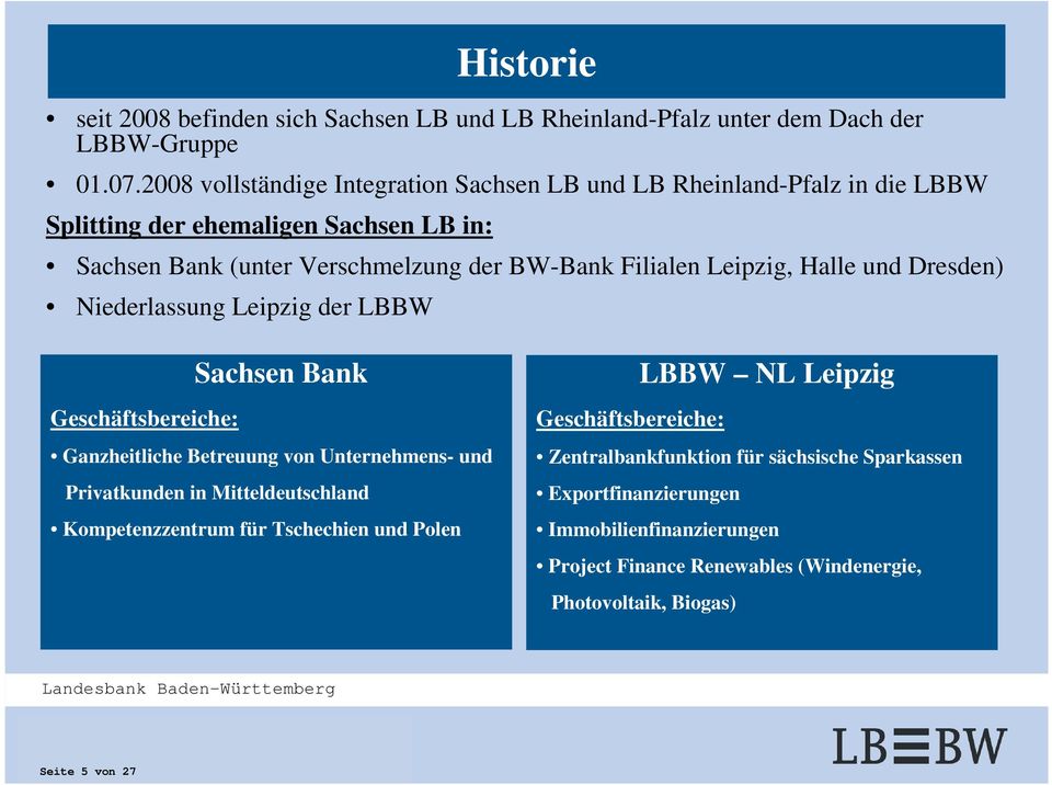 und Dresden) Niederlassung Leipzig der LBBW Sachsen Bank Geschäftsbereiche: Ganzheitliche Betreuung von Unternehmens- und Privatkunden in Mitteldeutschland Kompetenzzentrum für Tschechien