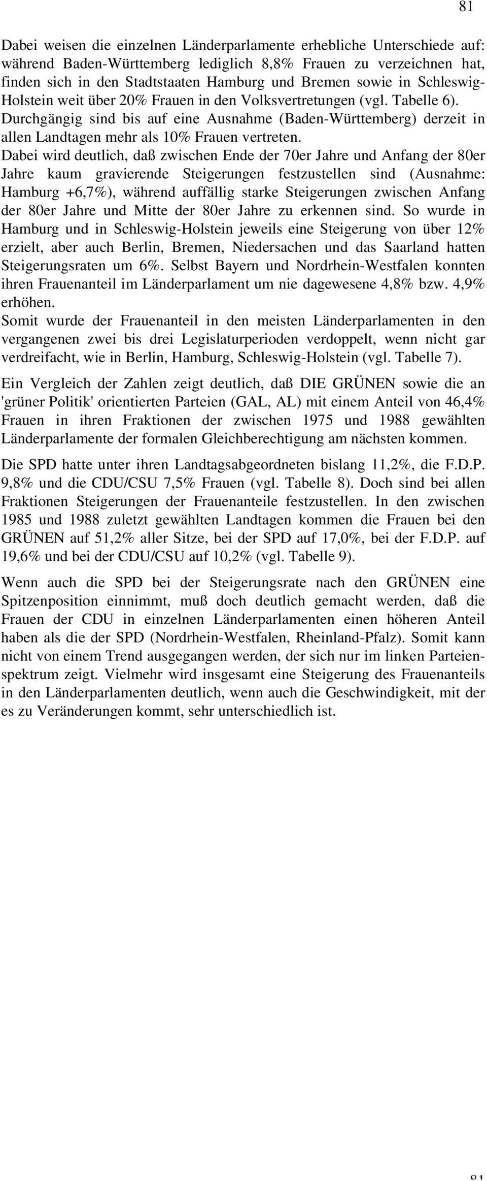 Durchgängig sind bis auf eine Ausnahme (Baden-Württemberg) derzeit in allen Landtagen mehr als 10% Frauen vertreten.