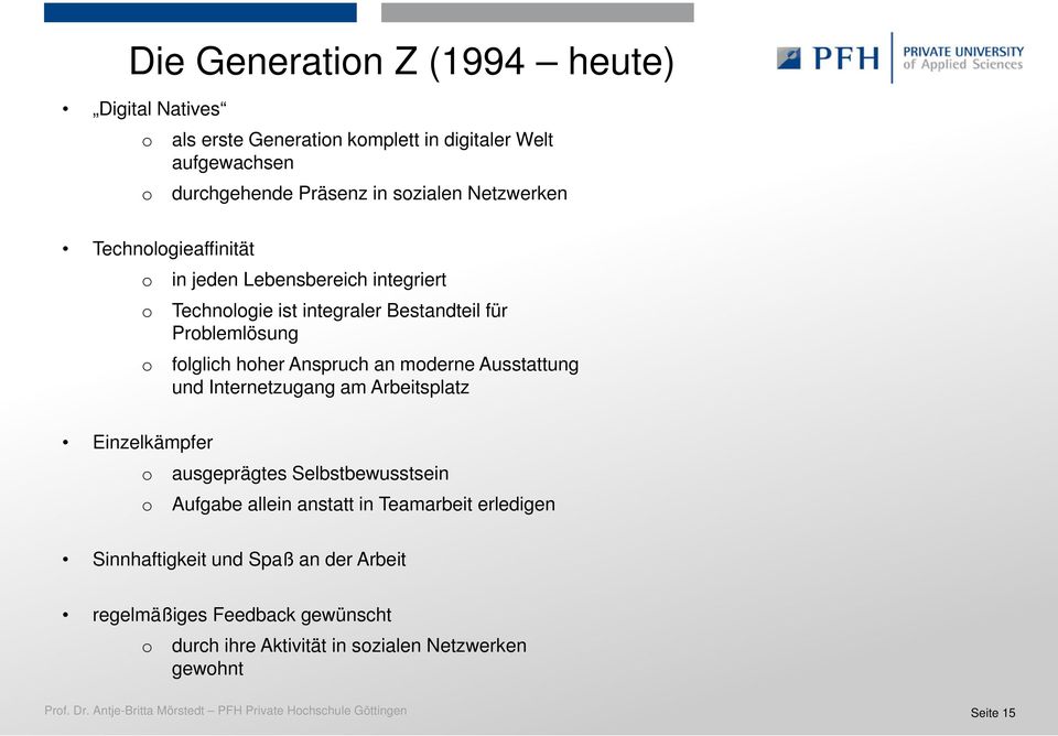 Ausstattung und Internetzugang am Arbeitsplatz Einzelkämpfer o ausgeprägtes Selbstbewusstsein o Aufgabe allein anstatt in Teamarbeit erledigen Sinnhaftigkeit und