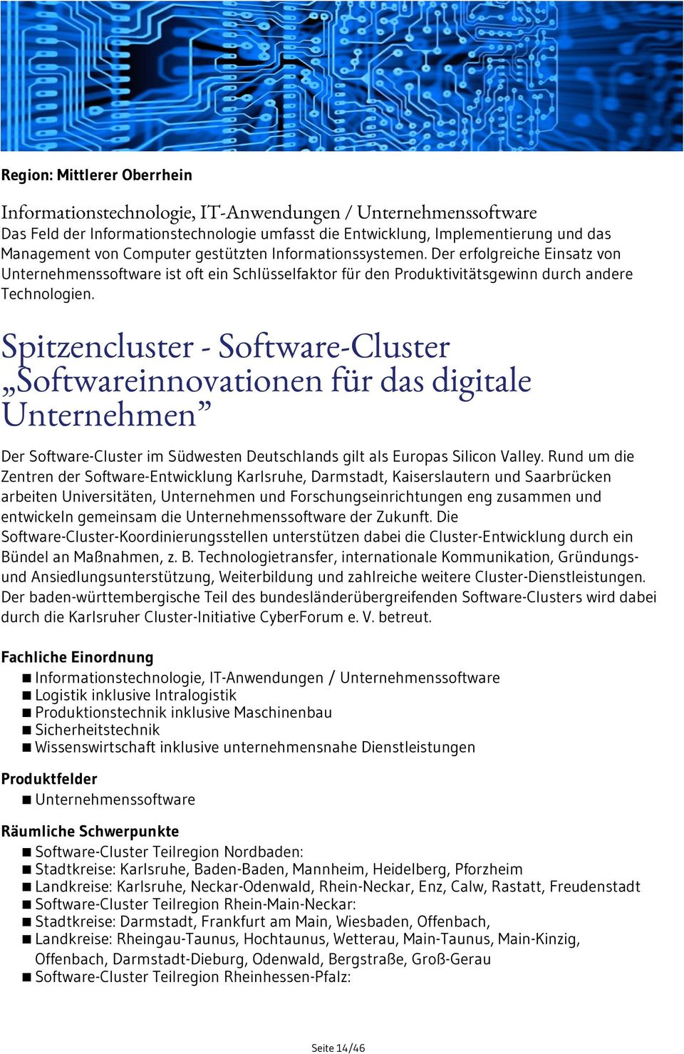 Spitzencluster - Software-Cluster Softwareinnovationen für das digitale Unternehmen Der Software-Cluster im Südwesten Deutschlands gilt als Europas Silicon Valley.