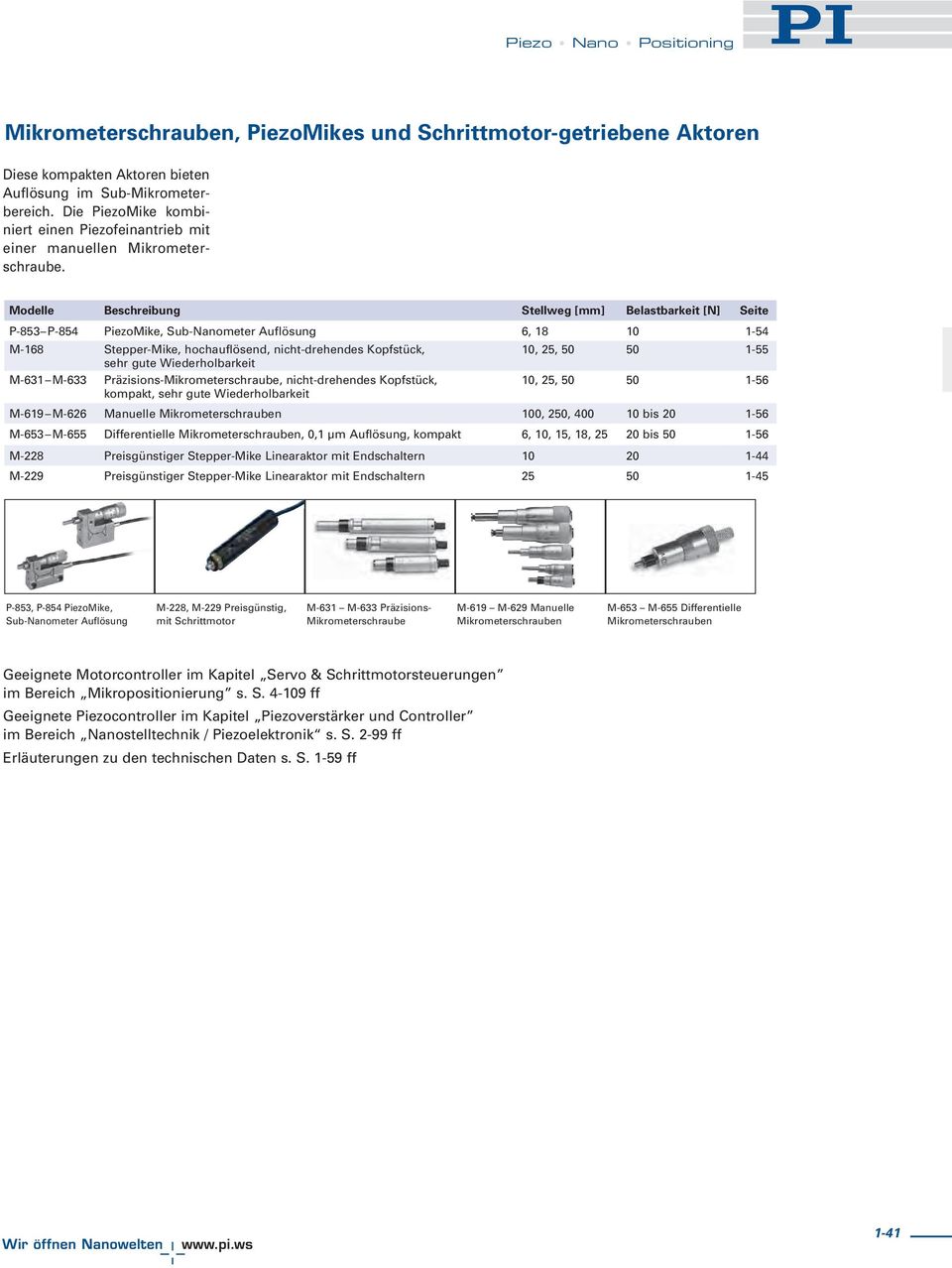 Modelle Beschreibung Stellweg [mm] Belastbarkeit [N] Seite P-853 P-854 PiezoMike, Sub-Nanometer Auflösung 6, 18 10 1-54 M-168 Stepper-Mike, hochauflösend, nicht-drehendes Kopfstück, 10, 25, 50 50