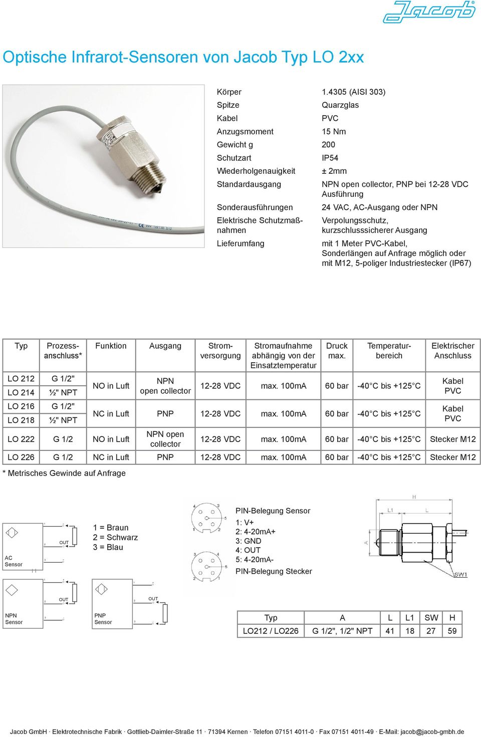 collector, PNP bei -8 VDC Ausführung 4 VAC, AC-Ausgang oder NPN Verpolungsschutz, kurzschlusssicherer Ausgang mit Meter PVC-Kabel, Sonderlängen auf Anfrage möglich oder mit M, 5-poliger