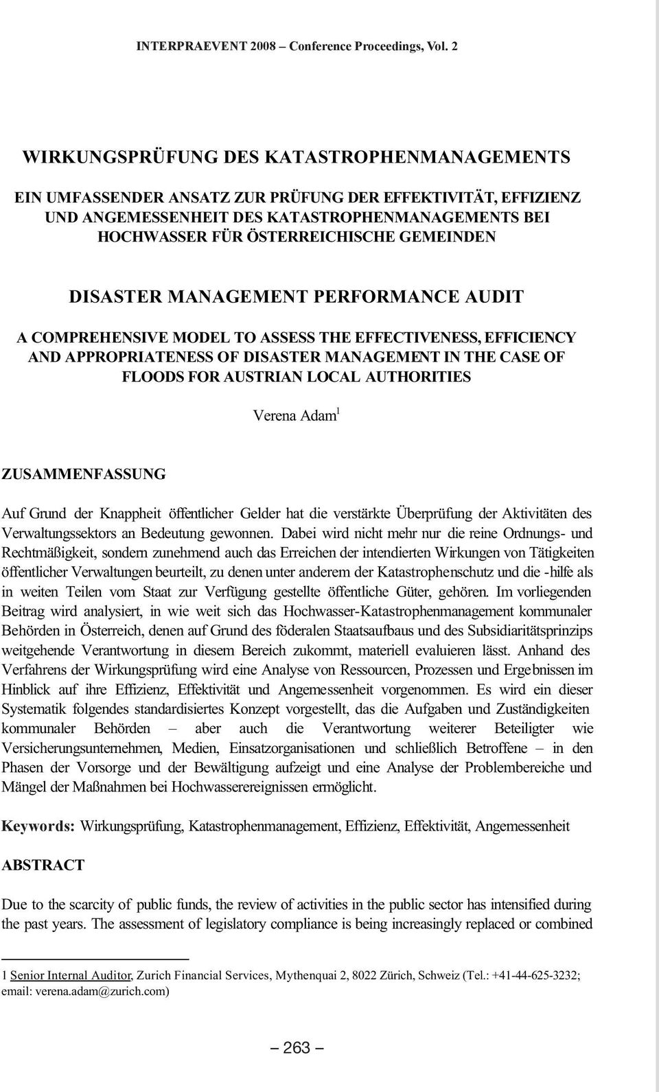 GEMEINDEN DISASTER MANAGEMENT PERFORMANCE AUDIT A COMPREHENSIVE MODEL TO ASSESS THE EFFECTIVENESS, EFFICIENCY AND APPROPRIATENESS OF DISASTER MANAGEMENT IN THE CASE OF FLOODS FOR AUSTRIAN LOCAL
