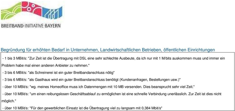 " - 3 bis 6 MBit/s: "als Schreinerei ist ein guter Breitbandanschluss nötig" - 3 bis 6 MBit/s: "als Gasthaus wird ein guter Breitbandanschluss benötigt (Kundenanfragen, Bestellungen usw.