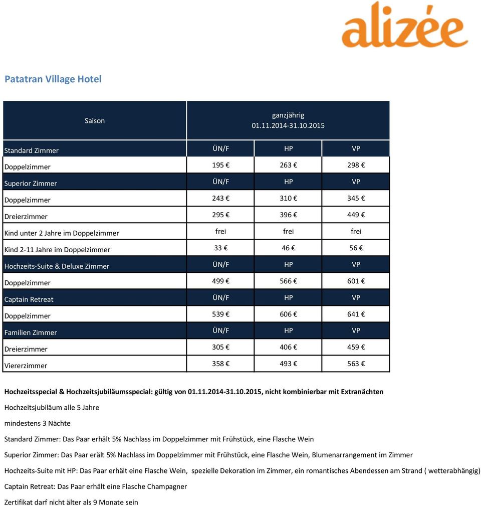 im Doppelzimmer 33 46 56 Hochzeits-Suite & Deluxe Zimmer ÜN/F HP VP Doppelzimmer 499 566 601 Captain Retreat ÜN/F HP VP Doppelzimmer 539 606 641 Familien Zimmer ÜN/F HP VP Dreierzimmer 305 406 459