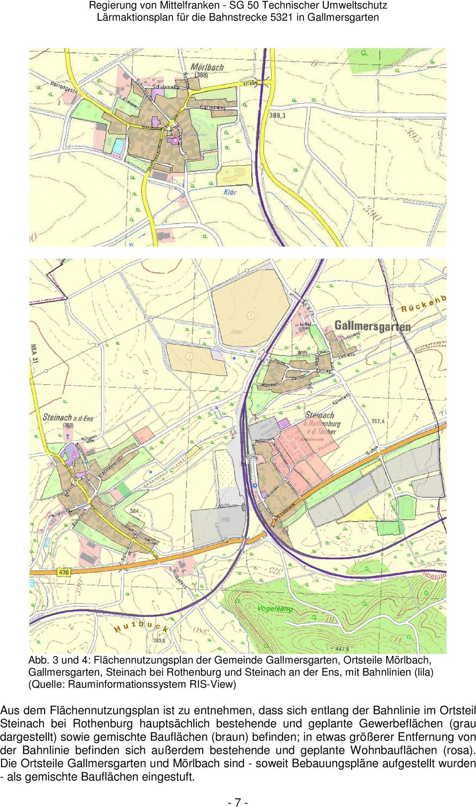 bestehende und geplante Gewerbeflächen (grau dargestellt) sowie gemischte Bauflächen (braun) befinden; in etwas größerer Entfernung von der Bahnlinie befinden sich außerdem