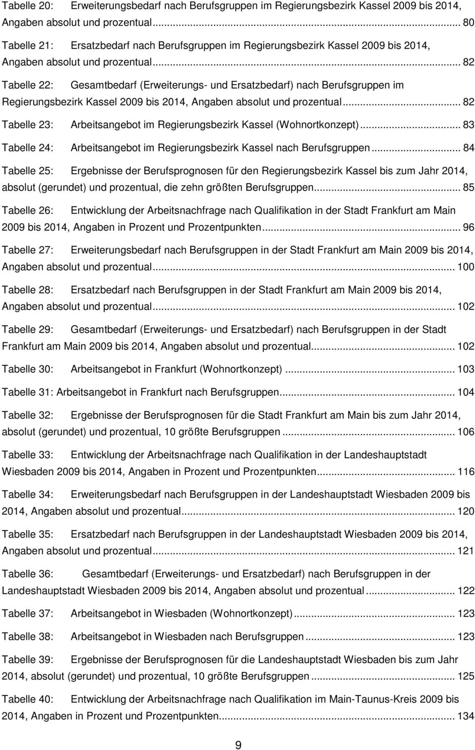 .. 82 Tabelle 22: Gesamtbedarf (Erweiterungs- und Ersatzbedarf) nach Berufsgruppen im Regierungsbezirk Kassel 2009 bis 2014, Angaben absolut und prozentual.