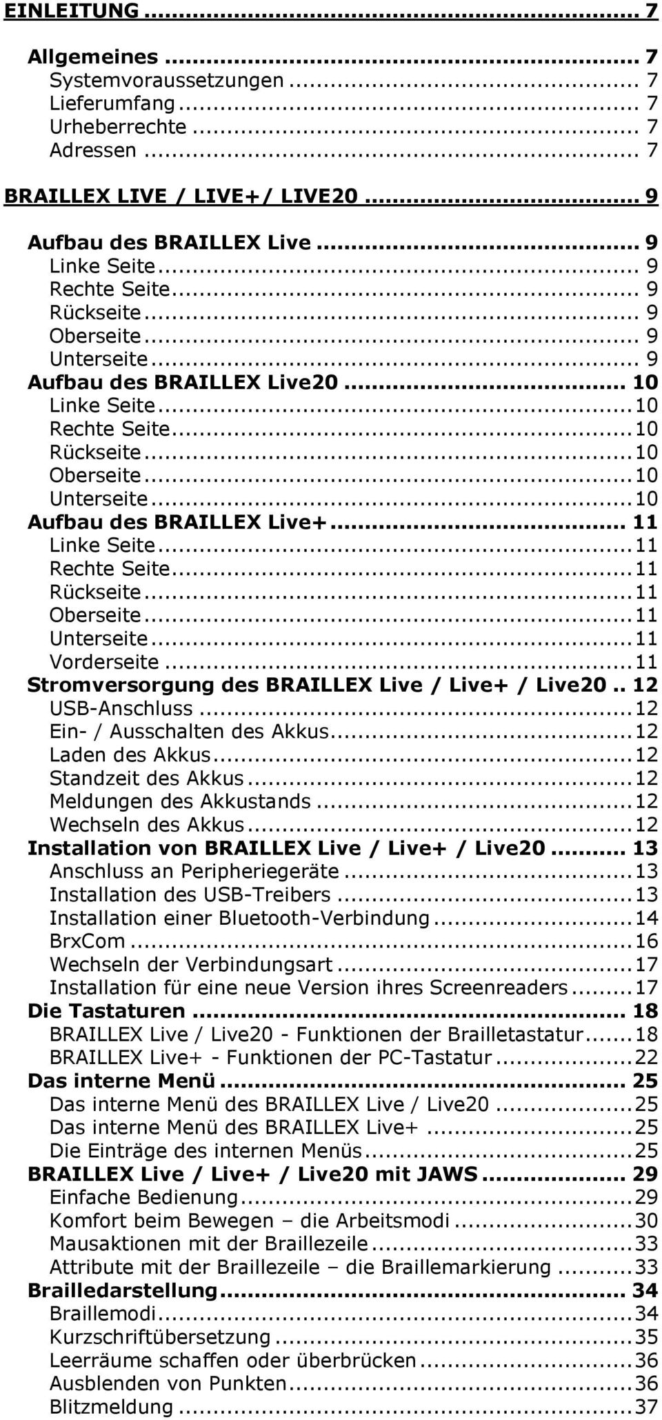 .. 10 Aufbau des BRAILLEX Live+... 11 Linke Seite... 11 Rechte Seite... 11 Rückseite... 11 Oberseite... 11 Unterseite... 11 Vorderseite... 11 Stromversorgung des BRAILLEX Live / Live+ / Live20.