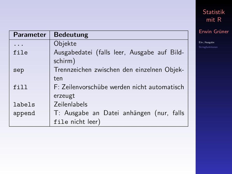 sep Trennzeichen zwischen den einzelnen Objekten fill F: