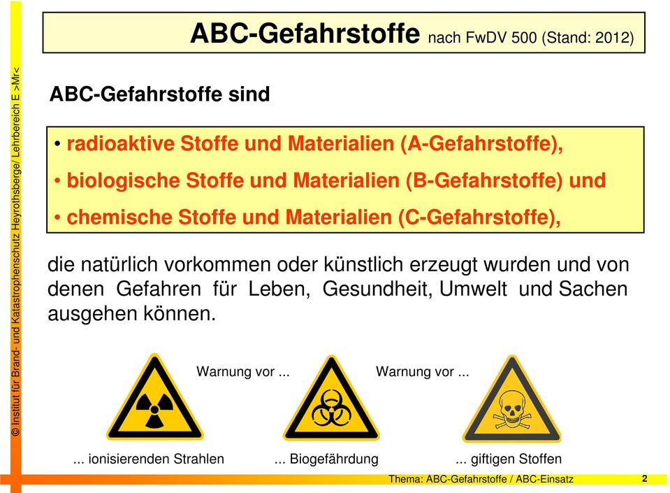 vorkommen oder künstlich erzeugt wurden und von denen Gefahren für Leben, Gesundheit, Umwelt und Sachen ausgehen können.