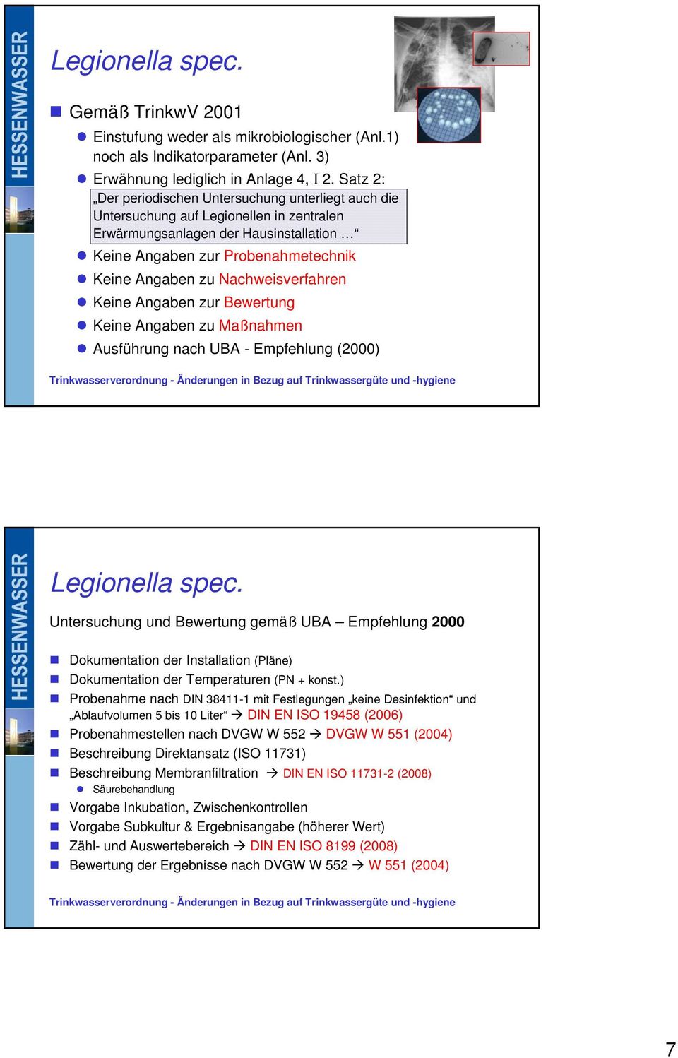 Nachweisverfahren Keine Angaben zur Bewertung Keine Angaben zu Maßnahmen Ausführung nach UBA - Empfehlung (2000) Legionella spec.