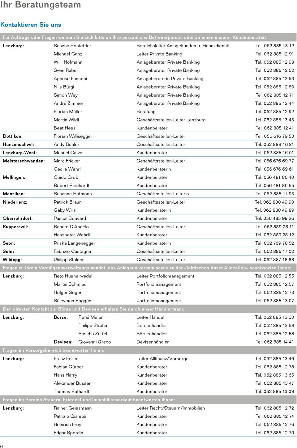 062 88 12 98 Sven Räber Anlageberater Private Banking Tel. 062 88 12 2 Agnese Fanconi Anlageberaterin Private Banking Tel. 062 88 12 3 Nils Bürgi Anlageberater Private Banking Tel.