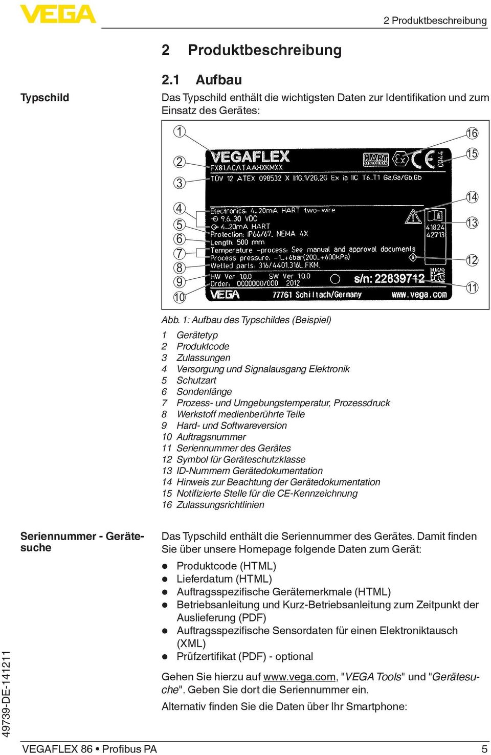 Werkstoff medienberührte Teile 9 Hard- und Softwareversion 10 Auftragsnummer 11 Seriennummer des Gerätes 12 Symbol für Geräteschutzklasse 13 ID-Nummern Gerätedokumentation 14 Hinweis zur Beachtung