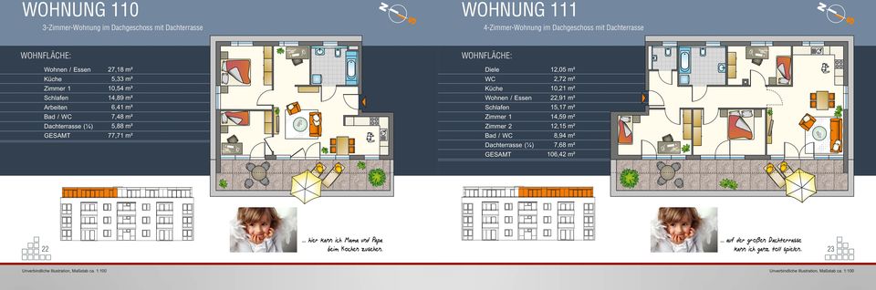 14,59 m² Dachterrasse (¼) 5,88 m² Zimmer 2 12,15 m² 77,71 m² 8,94 m² Dachterrasse (¼) 7,68 m² 106,42 m² 22.