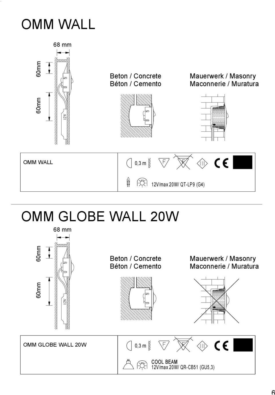 WALL 20W 60mm 60mm 68 mm Beton / Concrete Béton / Cemento Mauerwerk / Masonry