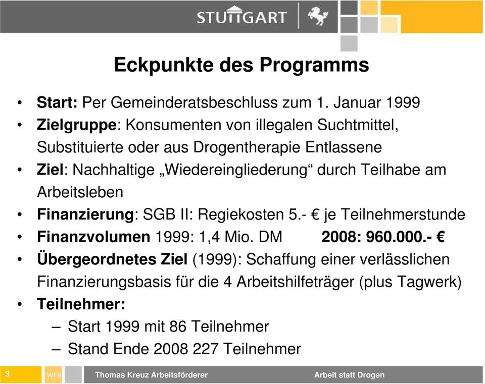durch Teilhabe am Arbeitsleben Finanzierung: SGB II: Regiekosten 5.- je Teilnehmerstunde Finanzvolumen 1999: 1,4 Mio. DM 2008: 960.000.