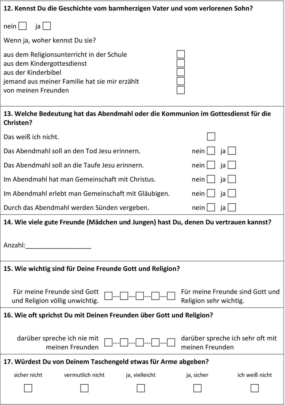 Welche Bedeutung hat das Abendmahl oder die Kommunion im Gottesdienst für die Christen? Das weiß ich nicht. Das Abendmahl soll an den Tod Jesu erinnern.