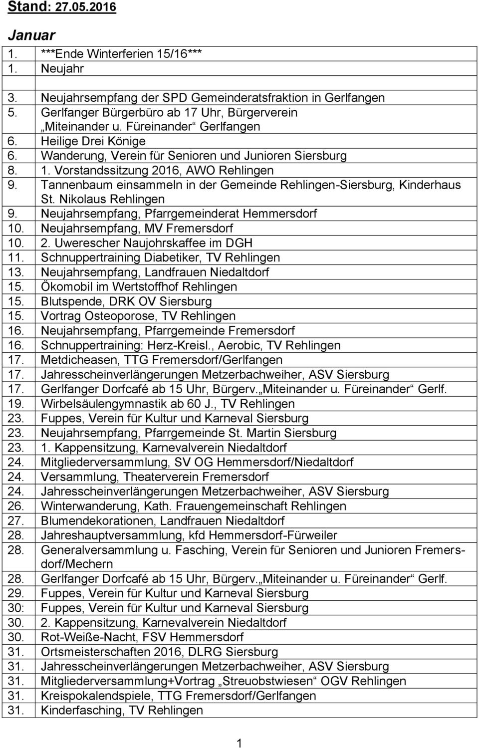 Nikolaus Rehlingen 9. Neujahrsempfang, Pfarrgemeinderat Hemmersdorf 10. Neujahrsempfang, MV Fremersdorf 10. 2. Uwerescher Naujohrskaffee im DGH 11. Schnuppertraining Diabetiker, TV Rehlingen 13.