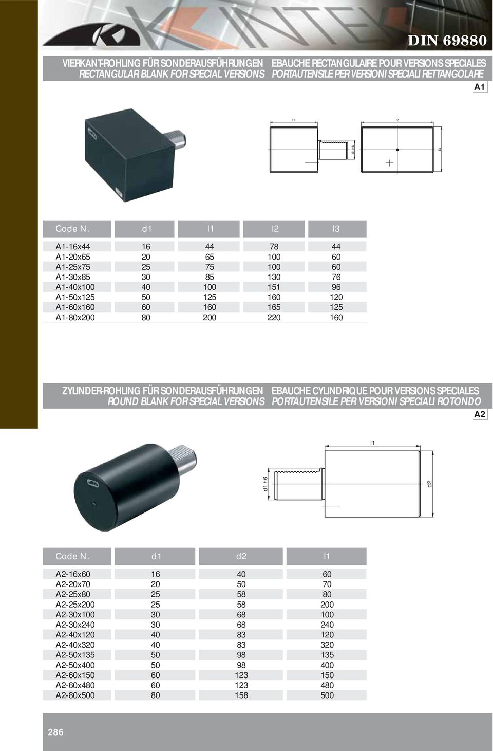 SONDERAUSFÜHRUNGEN ROUND BLANK FOR SPECIAL VERSIONS EBAUCHE CYLINDRIQUE POUR VERSIONS SPECIALES PORTAUTENSILE PER VERSIONI SPECIALI ROTONDO A2 d2 Code N.