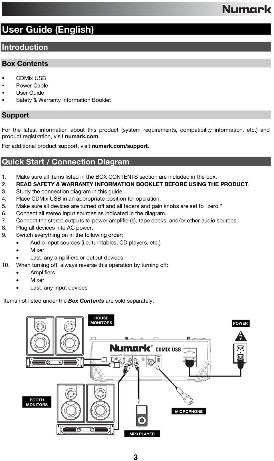 Make sure all items listed in the BOX CONTENTS section are included in the box. 2. READ SAFETY & WARRANTY INFORMATION BOOKLET BEFORE USING THE PRODUCT. 3. Study the connection diagram in this guide.