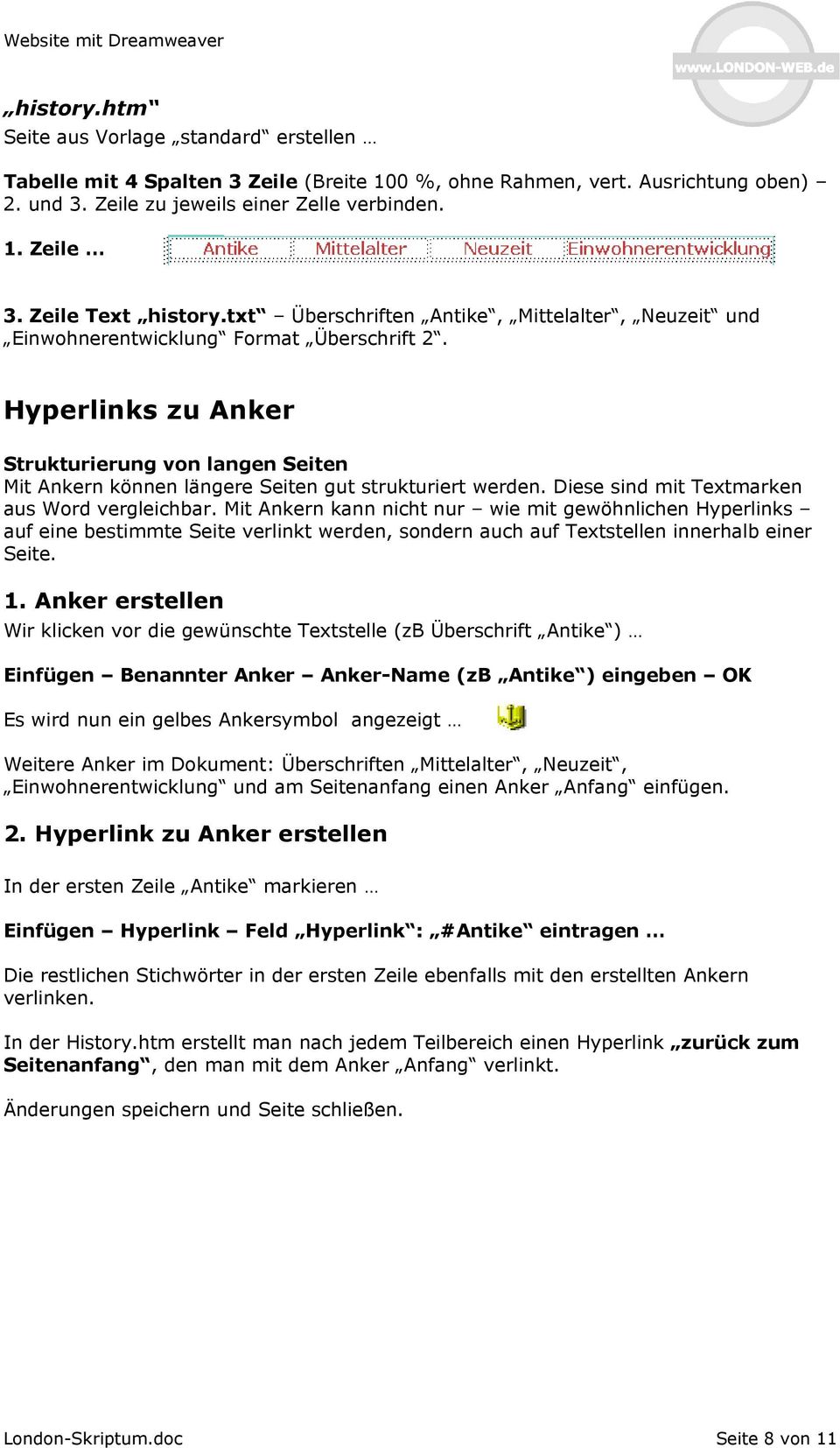 Hyperlinks zu Anker Strukturierung von langen Seiten Mit Ankern können längere Seiten gut strukturiert werden. Diese sind mit Textmarken aus Word vergleichbar.