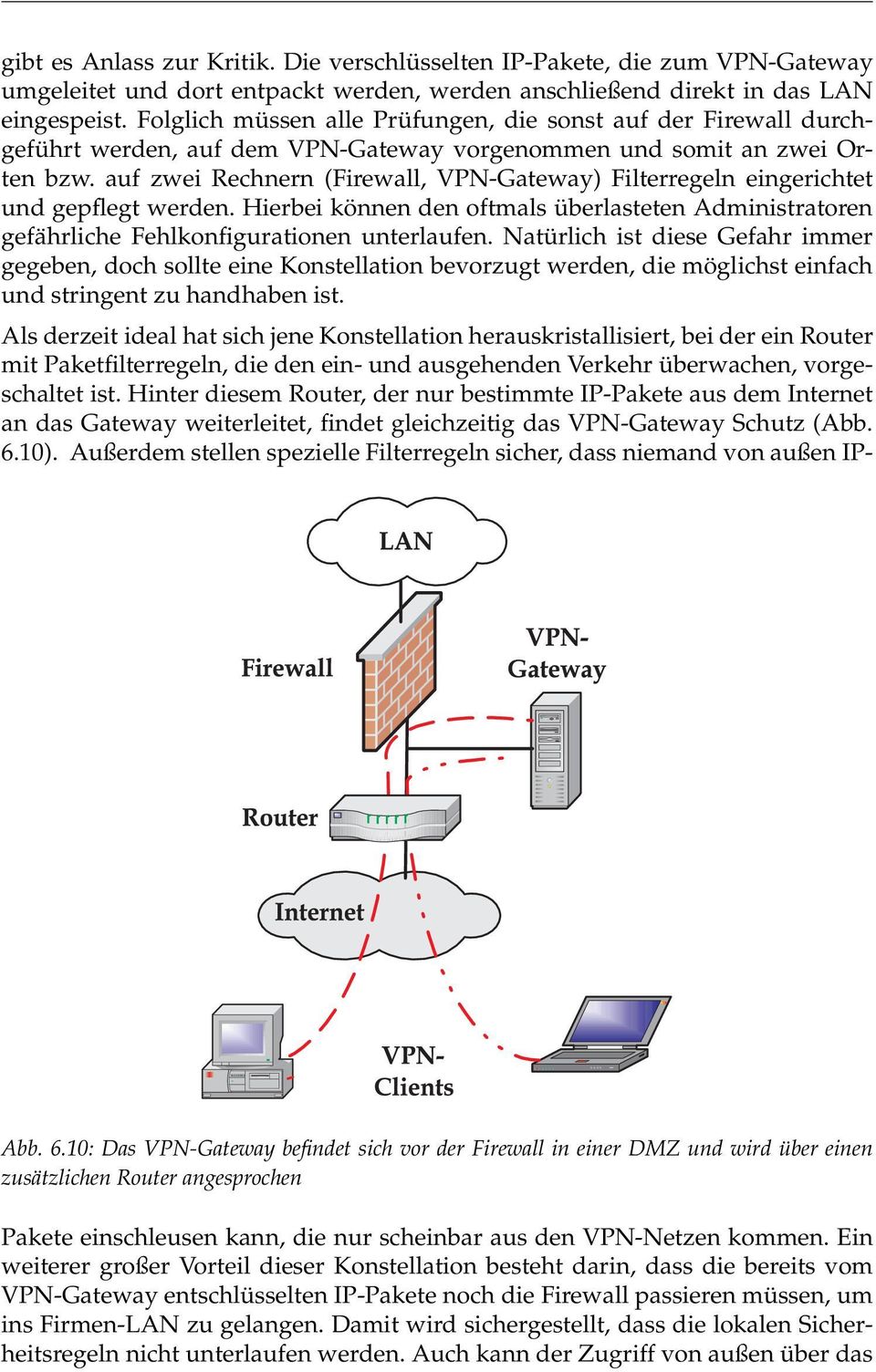 auf zwei Rechnern (Firewall, VPN-Gateway) Filterregeln eingerichtet und gepflegt werden. Hierbei können den oftmals überlasteten Administratoren gefährliche Fehlkonfigurationen unterlaufen.