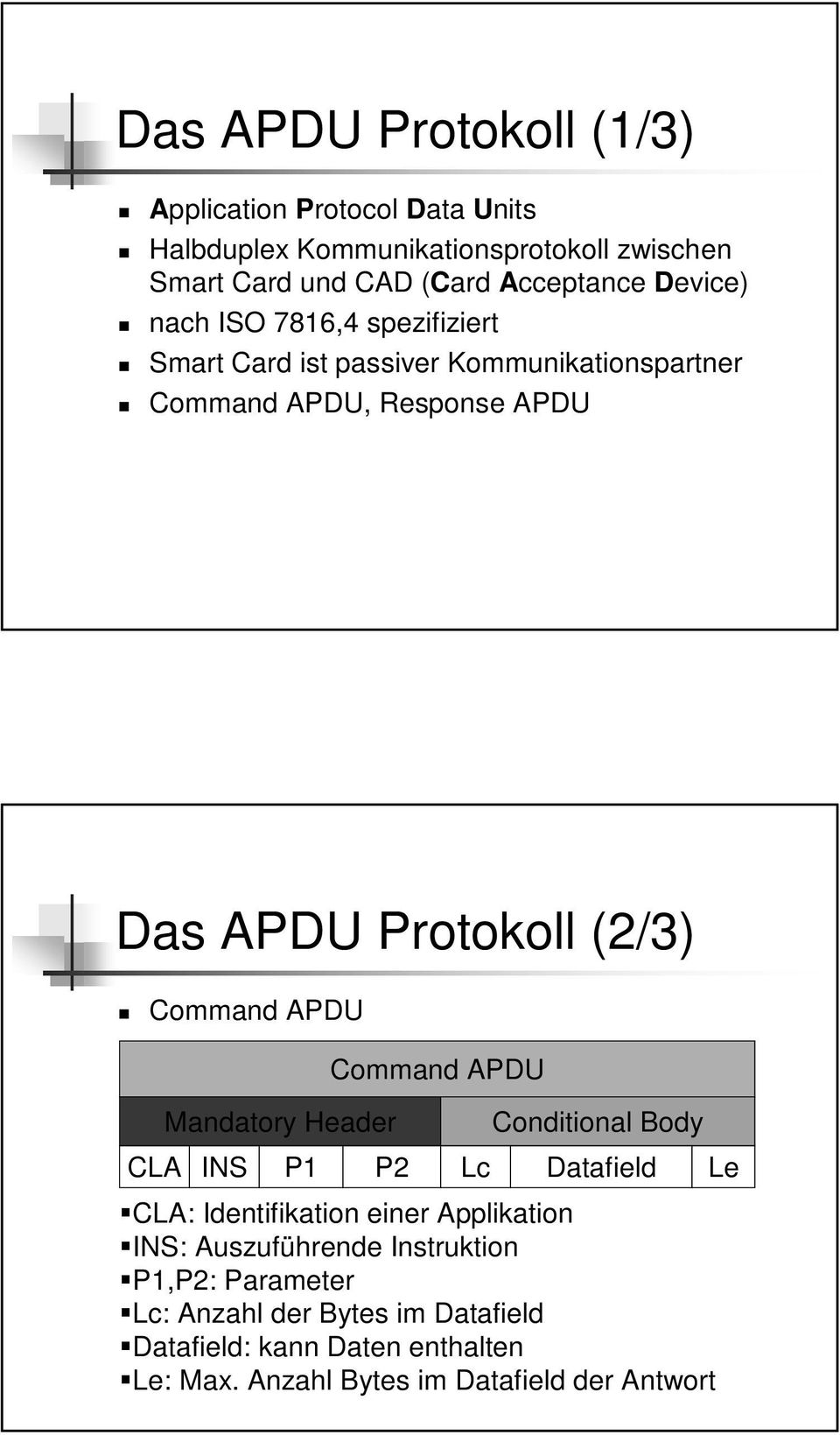Command APDU Mandatory Header Command APDU Conditional Body CLA INS P1 P2 Lc Datafield Le CLA: Identifikation einer Applikation INS: