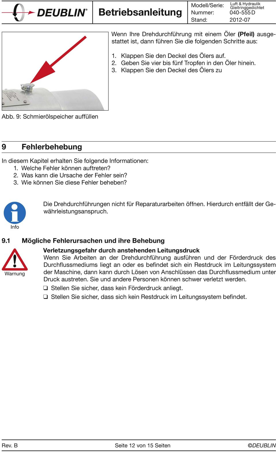 9: Schmierölspeicher auffüllen 9 Fehlerbehebung In diesem Kapitel erhalten Sie folgende Informationen: 1. Welche Fehler können auftreten? 2. Was kann die Ursache der Fehler sein? 3.