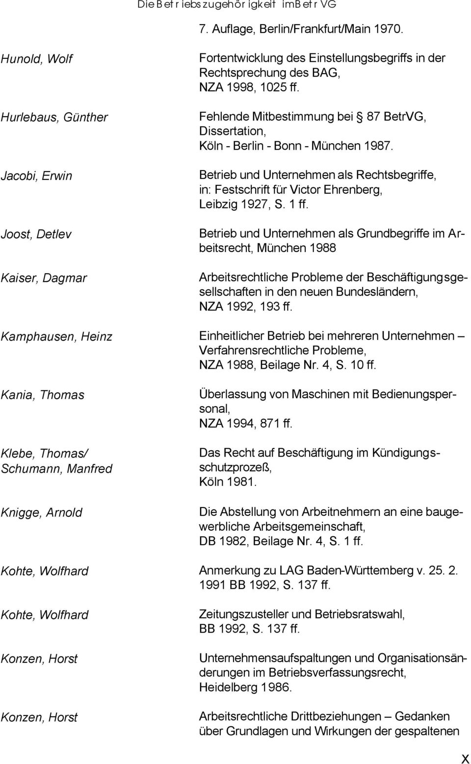 Fehlende Mitbestimmung bei 87 BetrVG, Dissertation, Köln - Berlin - Bonn - München 1987. Betrieb und Unternehmen als Rechtsbegriffe, in: Festschrift für Victor Ehrenberg, Leibzig 1927, S. 1 ff.