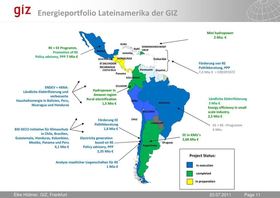 Förderung von RE Politikberatung, PPP 7,4 Mio = CREDP/GTZ ENDEV + HERA: Ländliche Elektrifizierung und verbesserte Haushaltsenergie in Bolivien, Peru, Nicaragua und Honduras BID SECCI-Initiative für