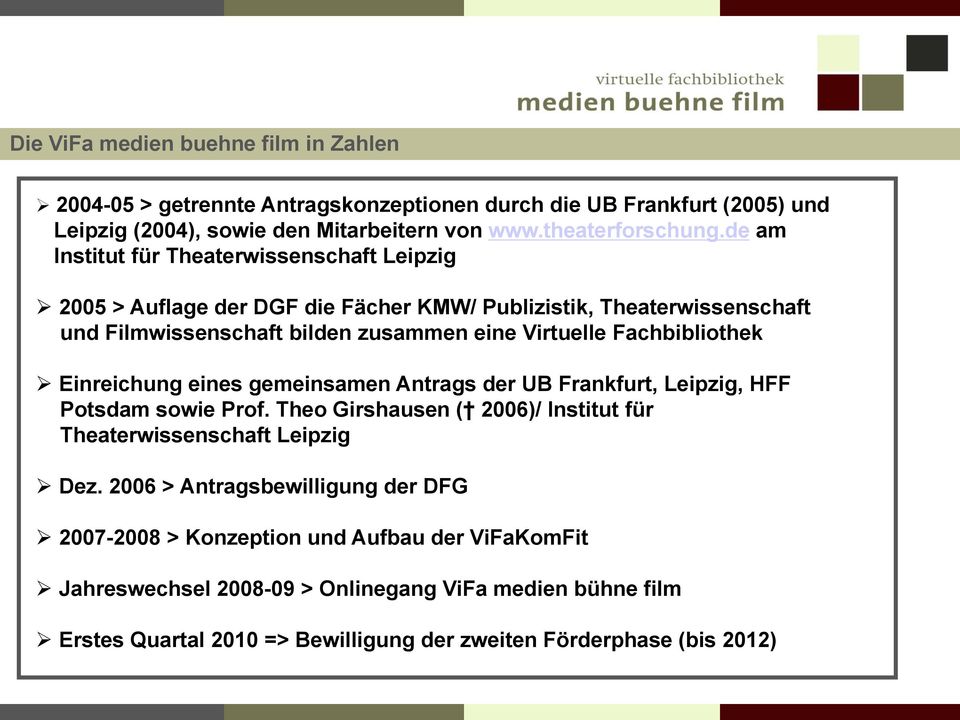 Fachbibliothek Einreichung eines gemeinsamen Antrags der UB Frankfurt, Leipzig, HFF Potsdam sowie Prof. Theo Girshausen ( 2006)/ Institut für Theaterwissenschaft Leipzig Dez.