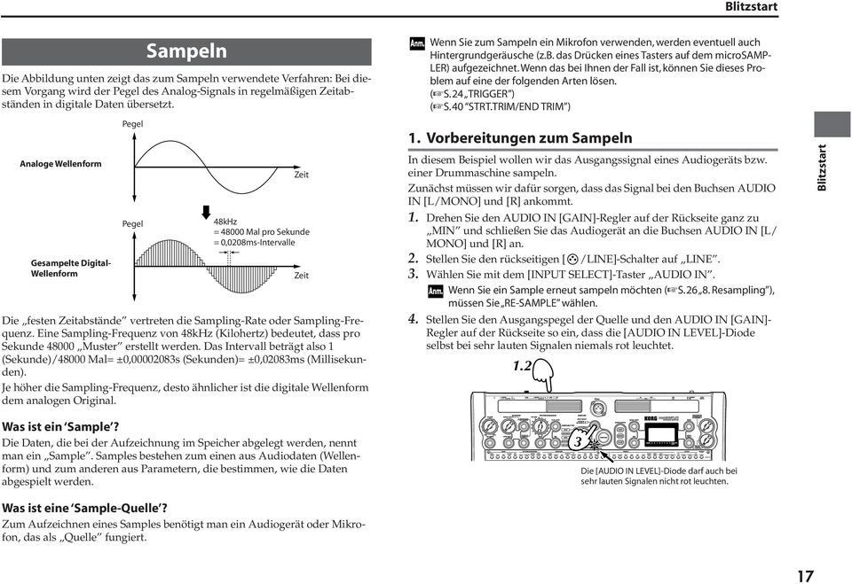 Eine Sampling-Frequenz von 48kHz (Kilohertz) bedeutet, dass pro Sekunde 48000 Muster erstellt werden.