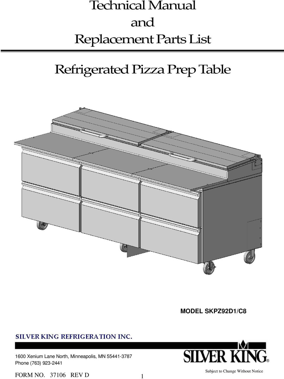 Technical Manual And Replacement Parts List Refrigerated Pizza