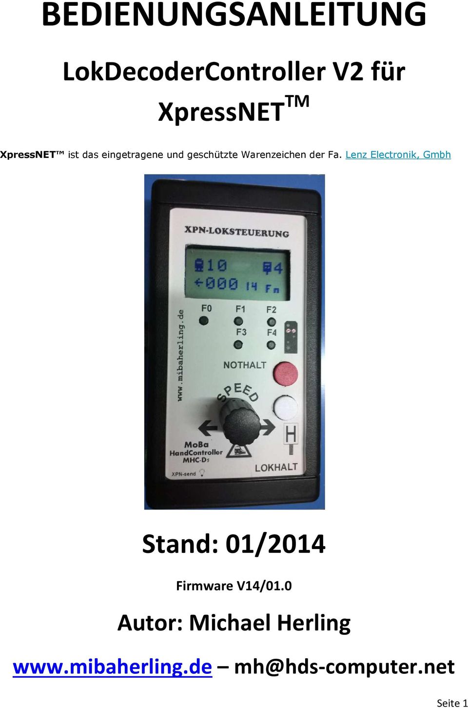 Fa. Lenz Electronik, Gmbh Stand: 01/2014 Firmware V14/01.