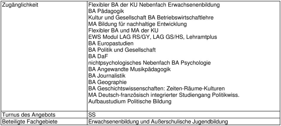 Politik und Gesellschaft BA DaF nichtpsychologisches Nebenfach BA Psychologie BA Angewandte Musikpädagogik BA Journalistik BA Geographie BA