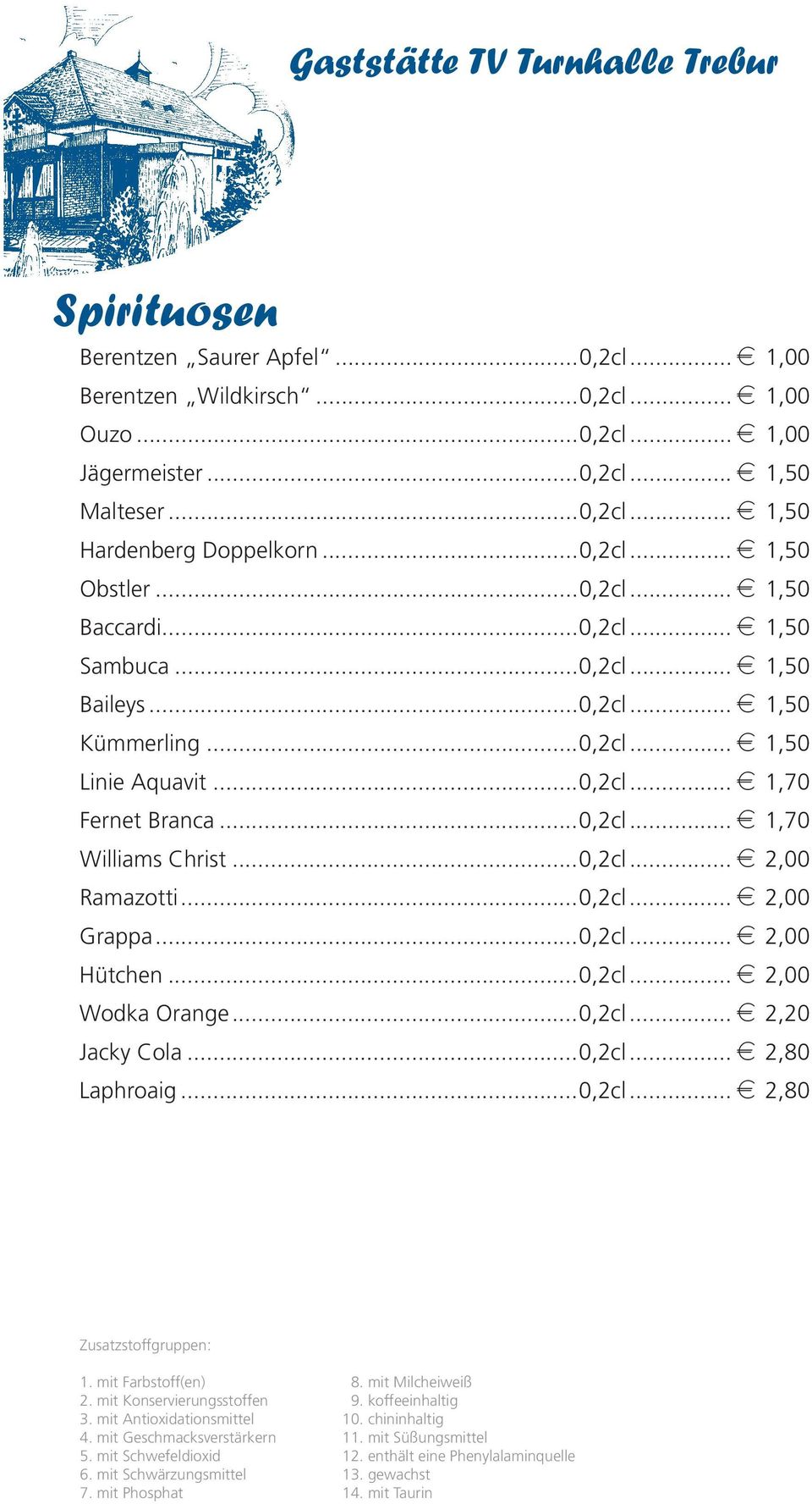 ..0,2cl... e 1,70 Williams Christ...0,2cl... e 2,00 Ramazotti...0,2cl... e 2,00 Grappa...0,2cl... e 2,00 Hütchen...0,2cl... e 2,00 Wodka Orange...0,2cl... e 2,20 Jacky Cola...0,2cl... e 2,80 Laphroaig.