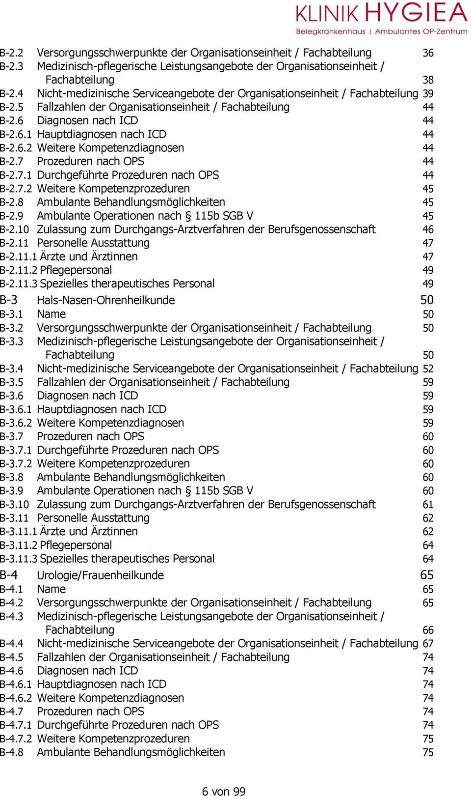 6.2 Weitere Kompetenzdiagnosen 44 B-2.7 Prozeduren nach OPS 44 B-2.7.1 Durchgeführte Prozeduren nach OPS 44 B-2.7.2 Weitere Kompetenzprozeduren 45 B-2.8 Ambulante Behandlungsmöglichkeiten 45 B-2.