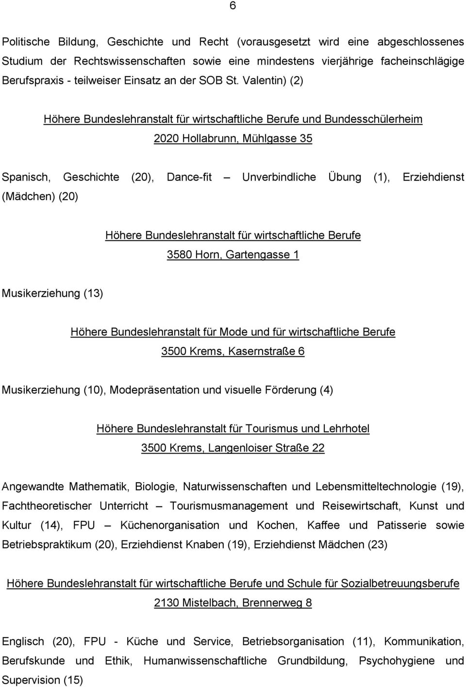 Valentin) (2) und Bundesschülerheim 2020 Hollabrunn, Mühlgasse 35 Spanisch, Geschichte (20), Dance-fit Unverbindliche Übung (1), Erziehdienst (Mädchen) (20) 3580 Horn, Gartengasse 1 Musikerziehung