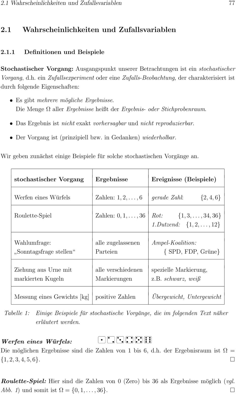 Die Menge Ω aller Ergebnisse heißt der Ergebnis- oder Stichprobenraum. Das Ergebnis ist nicht exakt vorhersagbar und nicht reproduzierbar. Der Vorgang ist (prinzipiell bzw. in Gedanken) wiederholbar.