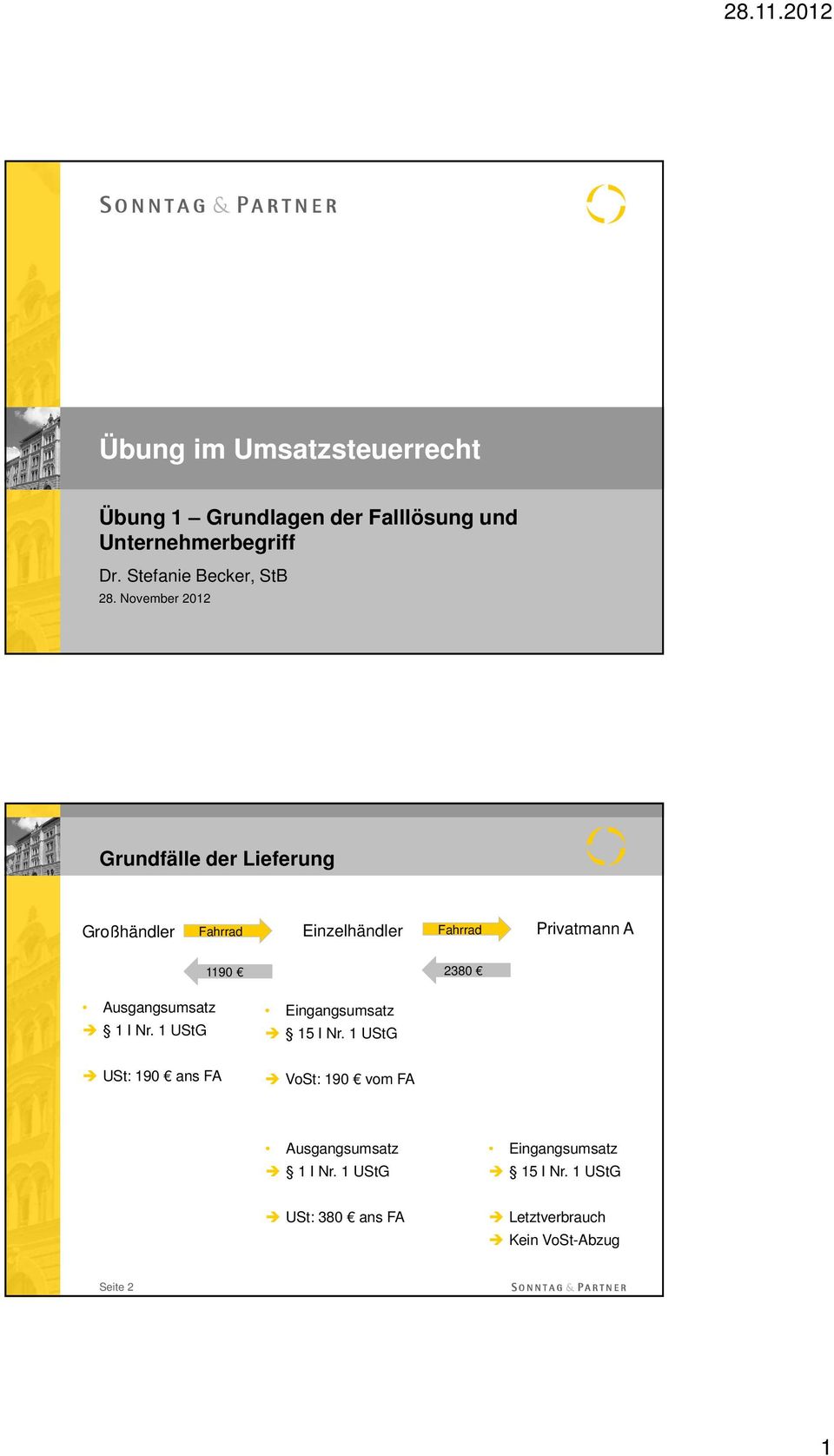 2380 Ausgangsumsatz 1 I Nr. 1 UStG Eingangsumsatz 15 I Nr.